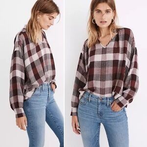 Madewell Highroad Popover Shirt Schorr Plaid XS top blouse lightweight wool wine